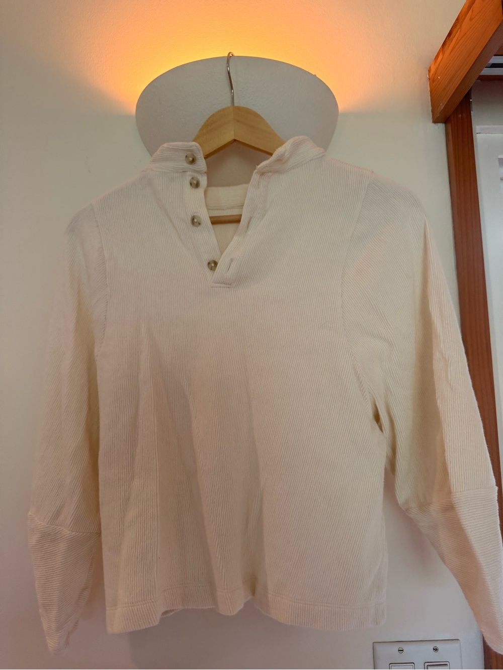 Cream Ribbed Button-Neck 3/4 Sleeve Shirt